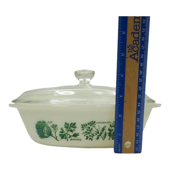 Vintage Glasbake J235 1Qt Casserole Dish Herb Garden Pattern With Lid Milk Glass - Picture 11 of 16